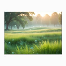 A Field Of Green Grass With Bubbles Floating In The Air Against A Backdrop Of Trees And A Bright, Sunlit Sky Canvas Print