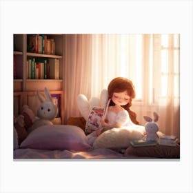 Chibi Girl Smiling Nestled Among Plush Pillows In A Cozy Bedroom Sunbeams Filtering Through Sheer Canvas Print