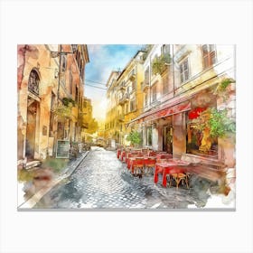 Watercolor Vintage Style Street In Rome With Red Tables Canvas Print