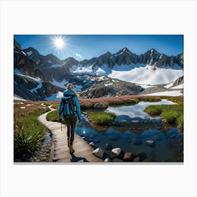 Woman trekking at snowy winter Alps, Rocky Mountains 10 Canvas Print