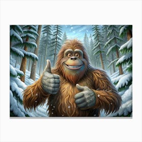 Bigfoot Giving A Thumbs Up In A Snowy Forest Canvas Print