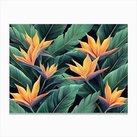 Seamless Pattern, Tropical Strelitzia Flowers, Palm Leaves In Green Color 1 Canvas Print