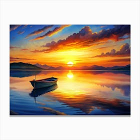 Small Boat On A Tranquil Lake At Sunset Canvas Print