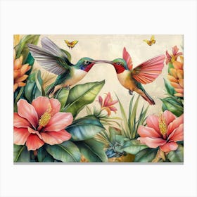 Vintage Tropical Background With Protea, Hibiscus Flowers, Leaves, Hummingbirds, Butterflies Painting Canvas Print