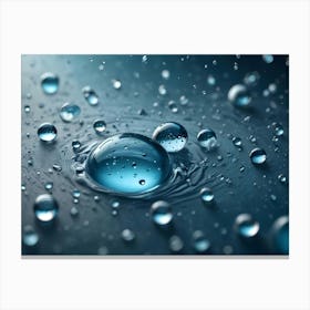 Close Up View Of Water Droplets On A Blue Surface, With One Large Droplet Creating Ripples In The Surface Canvas Print