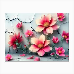 Pink Flowers On Cracked Wall Canvas Print