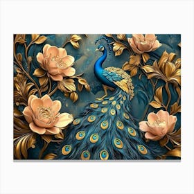 Peacock And Flowers 7 Canvas Print