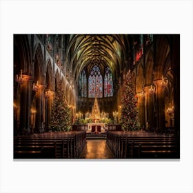 A Christmas Eve Service In A Candlelit Gothic Cathedral Illuminated Pews Leading To The Altar Prepa Canvas Print