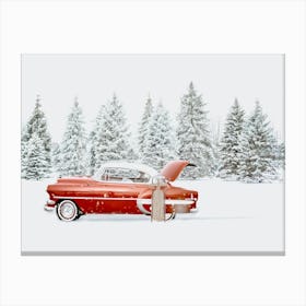 Retro Car In The Snow, Christmas Wall Art Canvas Print