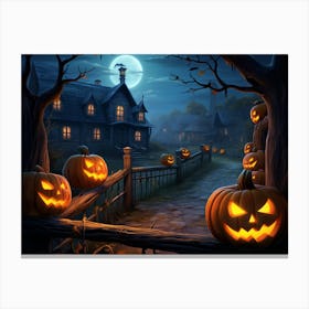 Halloween evening village with glowing Jack-o'-lanterns 1 Canvas Print