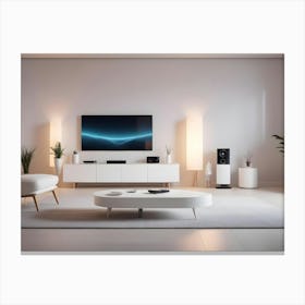 A Modern Living Room Interior With A Comfortable White Armchair, A Coffee Table, Plants, And A Large Tv Canvas Print