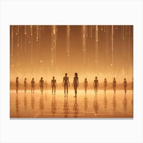 Silhouettes Of People Standing On A Reflective Platform In A Desert Landscape With Golden Rain Falling From Above Canvas Print