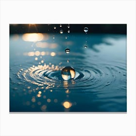 Close Up Of A Water Drop Splashing Into A Pool Of Water, Creating Ripples And Reflections Under A Golden Sunset Sky Canvas Print