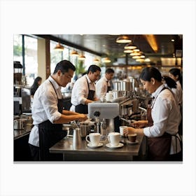 Cafeteria Interior Bustling With Activity Baristas In Checkered Aprons Preparing Espresso Drinks P (3) Canvas Print