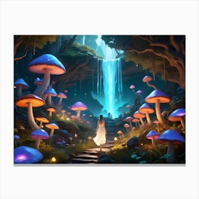 Woman Walking Through A Mystical Forest With Glowing Mushrooms And A Waterfall Canvas Print