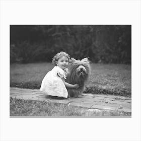 Little Girl With Dog, Scottish Terrier, Vintage Black and White Old Photo Canvas Print