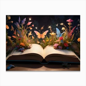 A Large, Open Book With A Magical Scene Blooming From Its Pages Canvas Print