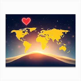 World Map With Heart Canvas Print