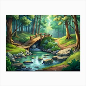 Wooden Bridge Over A Stream In A Lush Green Forest 1 Canvas Print