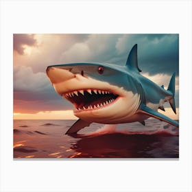 A Large Great White Shark Leaps Out Of The Water With Its Mouth Open, Revealing Sharp Teeth, Against A Dramatic Sunset Sky Canvas Print