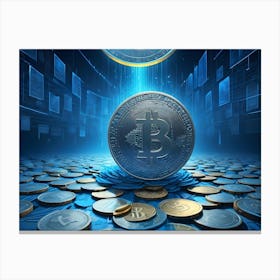 A Silver Bitcoin Coin Standing Tall On A Pile Of Various Cryptocurrency Coins, Set Against A Futuristic Blue Background With Glowing Lines And Data Charts Canvas Print