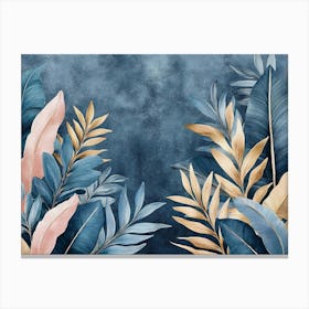 Blue Vintage Tropical Leaves In Seamless Border Design Premium Art Luxury Silver Grey Background Texture 1 Canvas Print