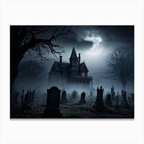 Frightened Souls Hovering Over A Mist Enshrouded Graveyard Full Moon Piercing Through Ominous Cloud Canvas Print