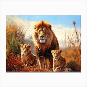 African Lion With Cubs Realism Painting 1 Canvas Print