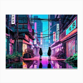 Two People Walking In A Neon City Canvas Print