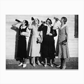 Women Drinking Beer, Vintage Black and White Old Photo, Bar Wall Decor Canvas Print