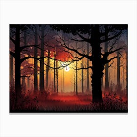 Forest At Sunset,   Forest bathed in the warm glow of the setting sun, forest sunset illustration, forest at sunset, sunset forest vector art, sunset, forest painting,dark forest, landscape painting, nature vector art, Forest Sunset art, trees, pines, spruces, and firs, orange and black.  Canvas Print