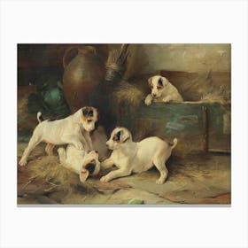 Four Puppies At Play, Walter Hunt Canvas Print