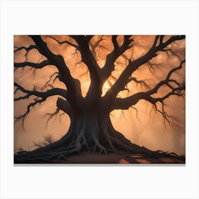 A Large, Ancient Tree With Gnarled Branches And Exposed Roots Stands In A Misty Forest Bathed In Warm, Orange Light Canvas Print