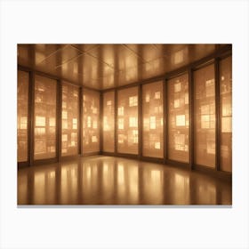 An Empty Room With Large Windows That Display A Grid Of Glowing Squares, Resembling A Digital Cityscape Or A Network Of Data Canvas Print