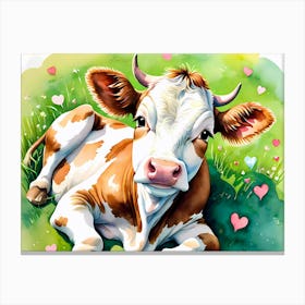 Cow Calf With Hearts Artwork For Kids  Canvas Print