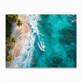 Aerial View Capturing A Single Surfer Carving Through The Azure Waves Silhouetted Against The Cryst (7) Canvas Print