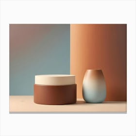 Photo Of A Brown Cylinder With A White Top On A Platform, And A Blue Vase On A Beige Background With A Blue And Orange Gradient Canvas Print