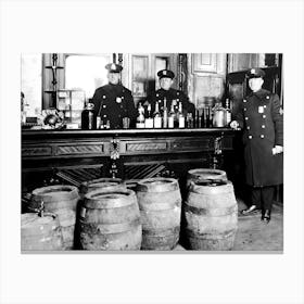 Prohibition, Police Officers Raiding Bar, Black and White Old Photo, Vintage Bar Cart Decor Canvas Print