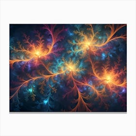 An Intricate, Fractal Art Piece Showcasing Delicate, Feathery Patterns In Shades Of Blue, Pink, Orange, And Yellow, Radiating Outwards From A Central Point Canvas Print