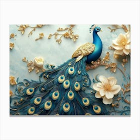 3d Peacock Illustration Background with Flowers Canvas Print