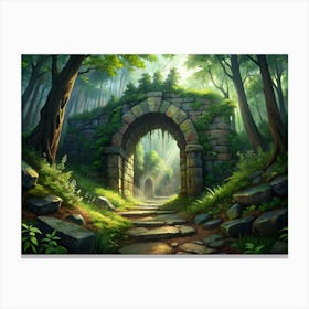 A Stone Archway Covered In Vines And Moss, Leading Through A Lush Green Forest Canvas Print