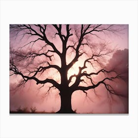 Silhouette Of A Large Leafless Tree With Branches Reaching Towards The Sky Against A Pink Sunrise Background Canvas Print