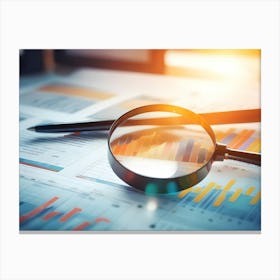 Magnifying Glass And Pen Over Business Document With Charts And Graphs Canvas Print