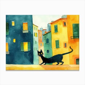 Black Cat In Salerno, Italy, Street Art Watercolour Painting 4 Canvas Print