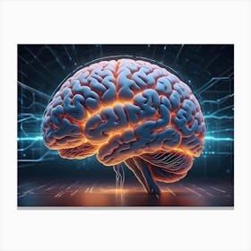 Human Brain With Glowing Light On Circuit Board Background Canvas Print