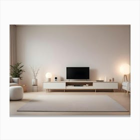 A Minimalist Living Room With A Beige Wall, White Furniture, And A Large Tv Canvas Print