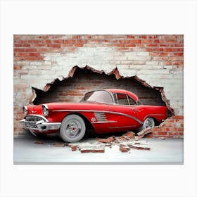 Art 3d Broken Wall Bricks And A Classic Red Car Canvas Print