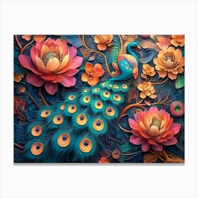 Elegant Leather Base Combines Bright Color Floral With Exotic Oriental Pattern Flowers And Peacocks 3 Canvas Print