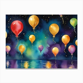 Watercolor Illustration Of Colorful Balloons Floating In A Starry Night Sky Above A Reflective Water Surface Canvas Print