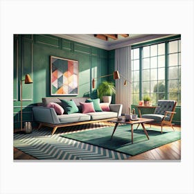 Mid Century Modern Living Room With Green And White Accents Canvas Print